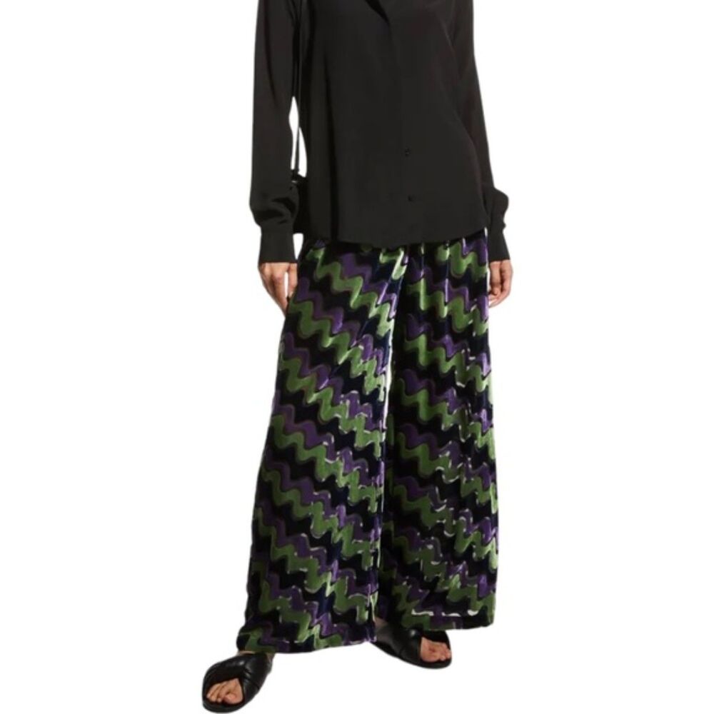 Rhode Odette Velvet Wide Leg Pants Multicolor Waves M Medium High Rise ZigZag